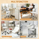 Tabouret à roulettes, tabouret de massage en PU avec hauteur réglable 73-88 cm et dossier, pivotant 360°, blanc