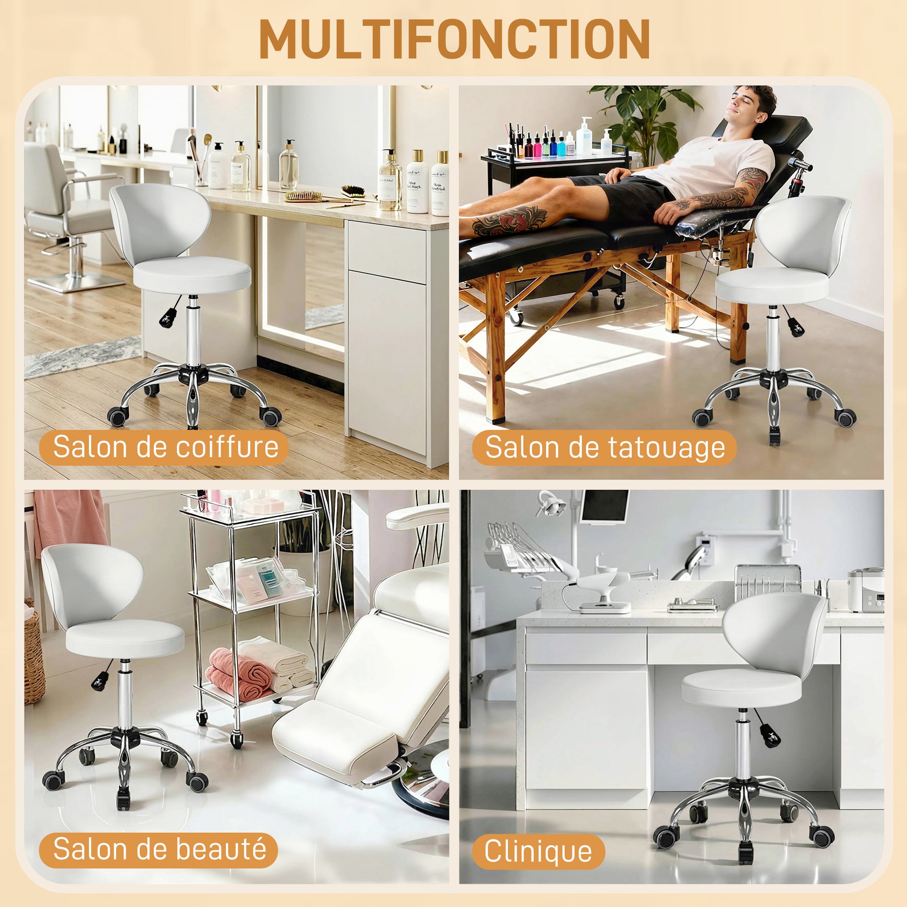 Tabouret à roulettes, tabouret de massage en PU avec hauteur réglable 73-88 cm et dossier, pivotant 360°, blanc