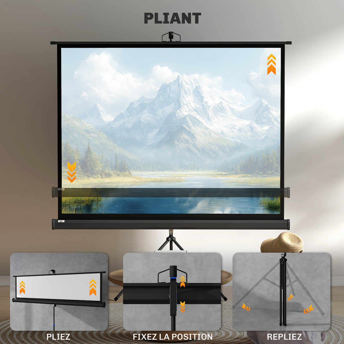 Écran de projection 84 pouces avec support trépied hauteur réglable, écran 4K HD 4:3, en intérieur/à l'extérieur