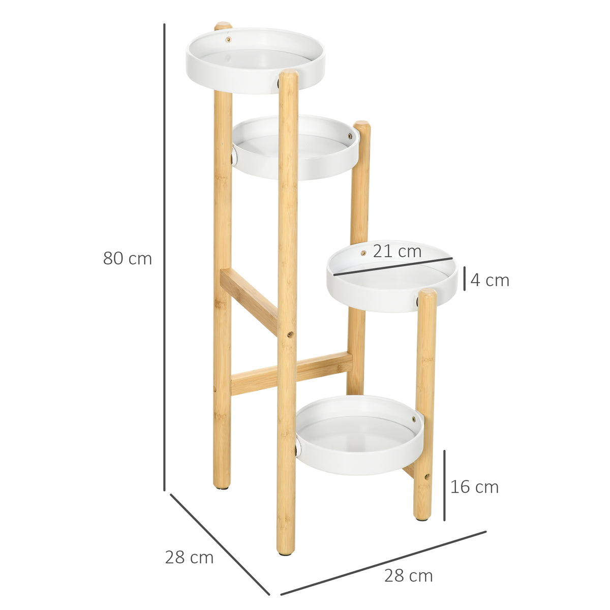 Support pour plantes étagère à fleurs à 4 niveaux en bambou et métal pour extérieur intérieur 28 x 28 x 80 cm blanc