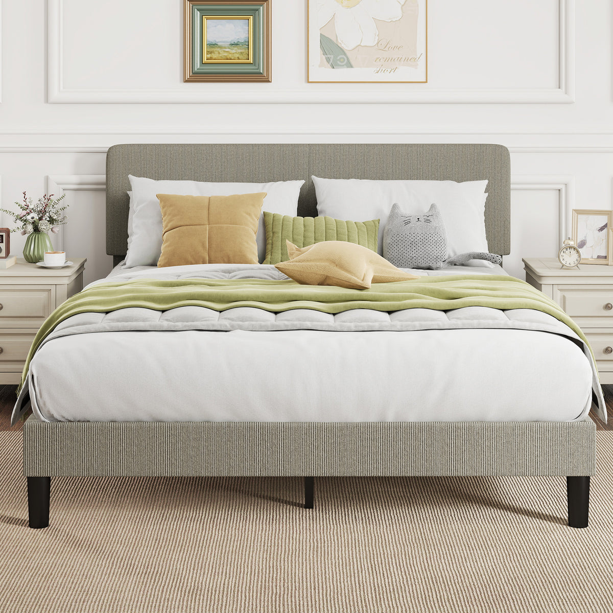 Estructura de cama de 160 x 200 cm, somier de láminas de madera, cabecero ajustable, cama doble tapizada en pana, gris