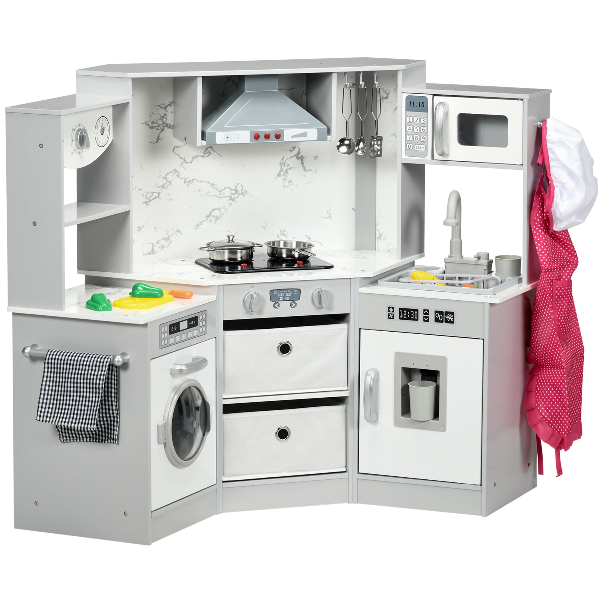 Wooden toy kitchen with 17 plastic vegetable accessories, knobs and lights, chef's hat, 3-6 years, grey and white