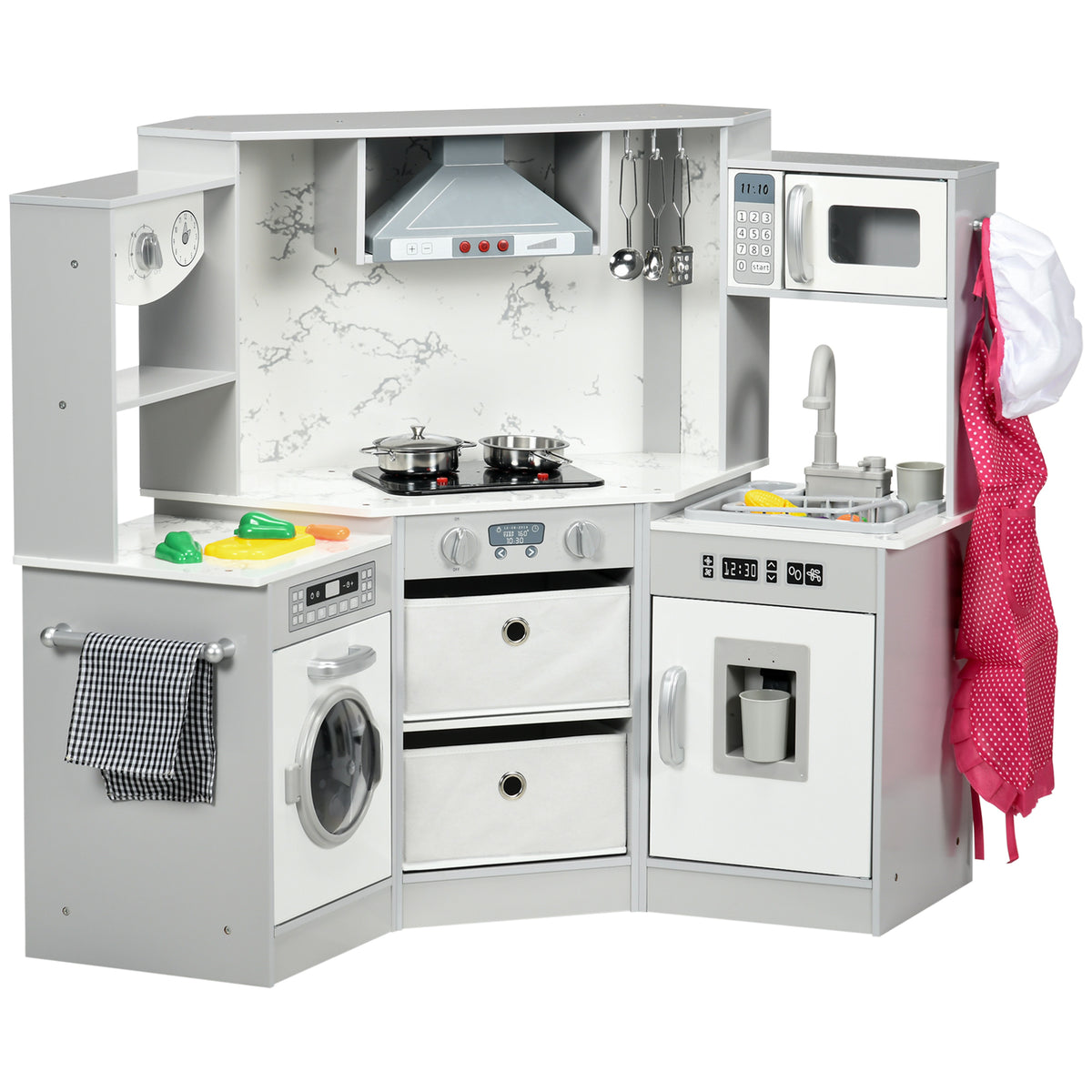 Cuisine enfant en bois avec 17 accessoires légumes en plastique boutons et lumières toque 3-6 ans gris blanc