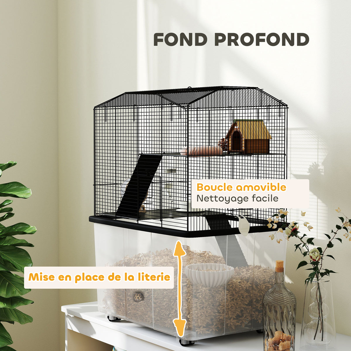 Cage hamster cage rongeur 3 étages avec roulettes plate-forme et échelle en fil d'acier 57 x 43 x 74 cm noir