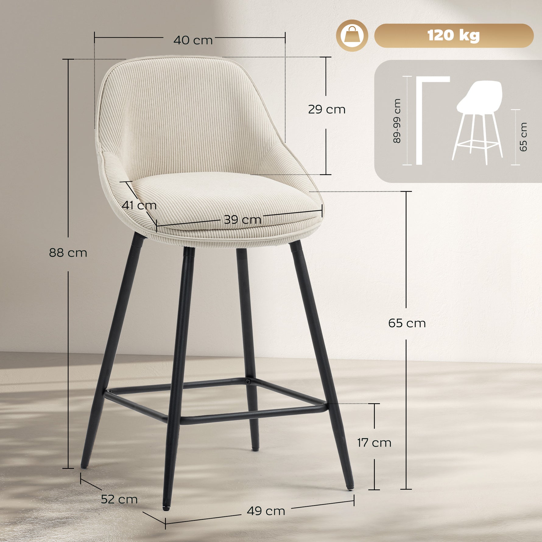 Lot de 2 tabourets de bar en tissu velours côtelé, chaises de bar avec dossier courbé, repose-pieds, 49x52x88cm, crème