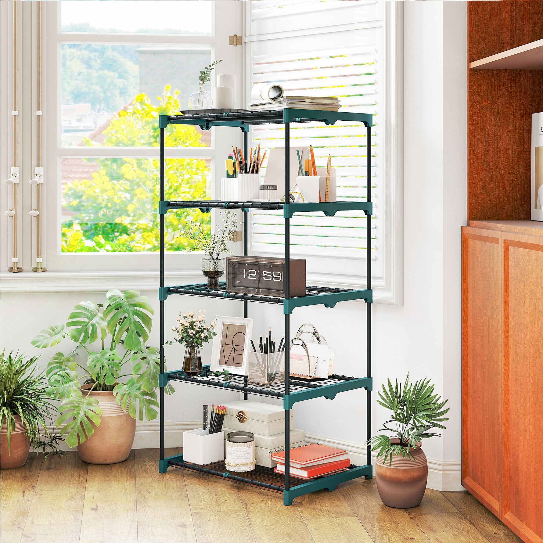 Étagère à fleurs en acier 5 niveaux intérieur et extérieur support de plantes pour jardin balcon salon 67x49x138cm vert