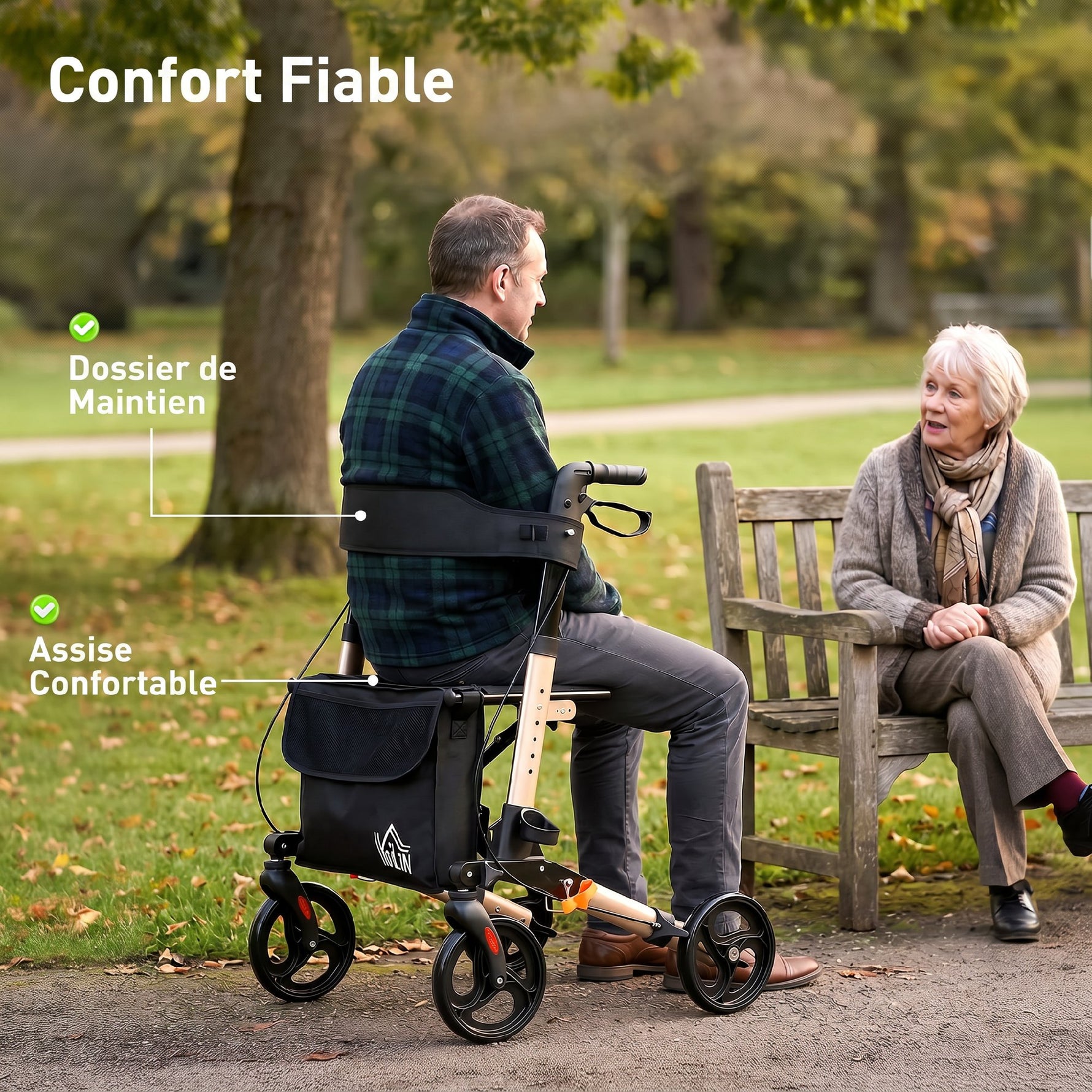 Déambulateur 4 Roues Pliable en Aluminium, Hauteur Réglable 6 Positions, Freins Doubles, Rangement, 64x67x92cm, Doré