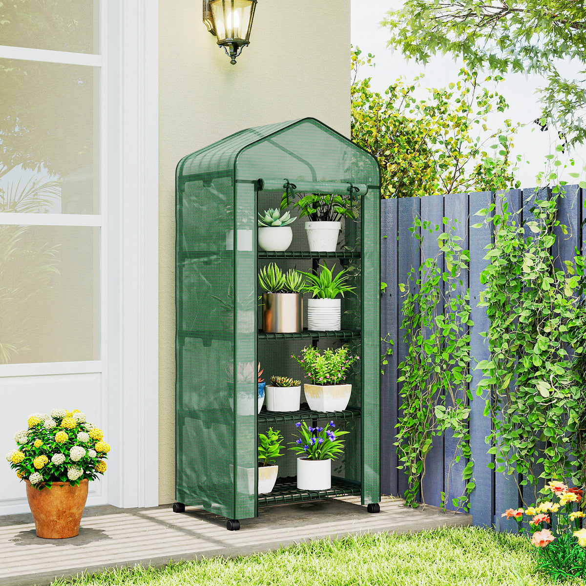 Serre de jardin balcon étagère serre 4 niveaux 69L x 50l x 165H cm acier époxy bâche amovible PE haute densité vert
