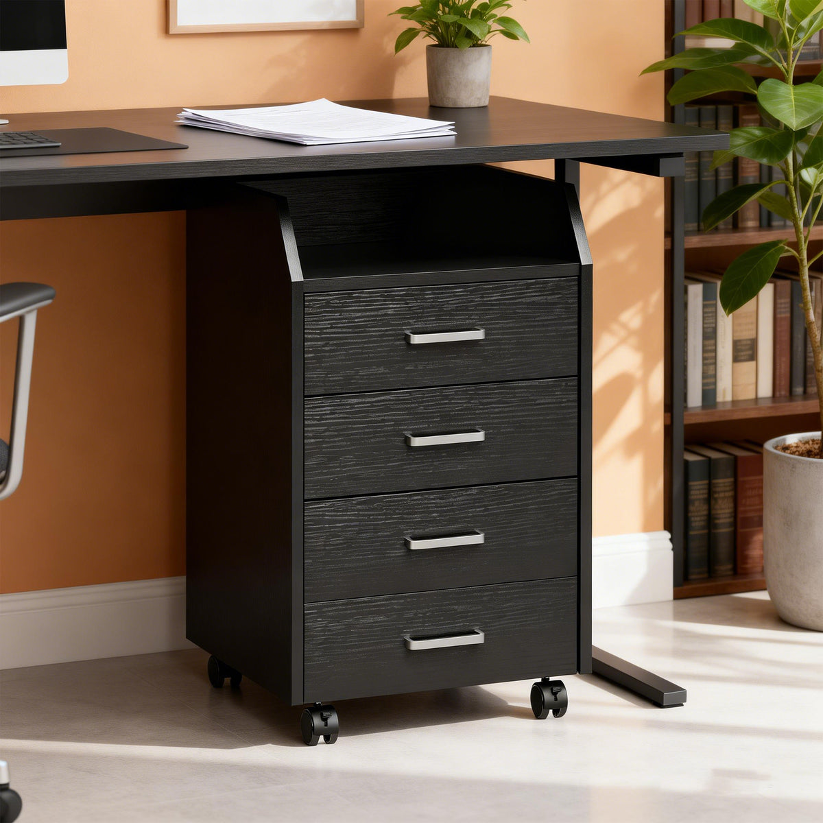 Caisson de bureau rangement sur roulettes 4 tiroirs coulissants en bois  40 x 36 x 65 cm noir