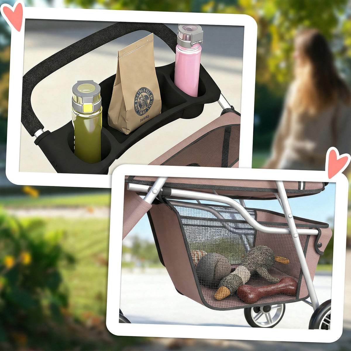 Poussette pour Chien 4 Roues, Chariot Pliable avec Auvent Réglable, Panier de Rangement, 77x44x102cm, Café