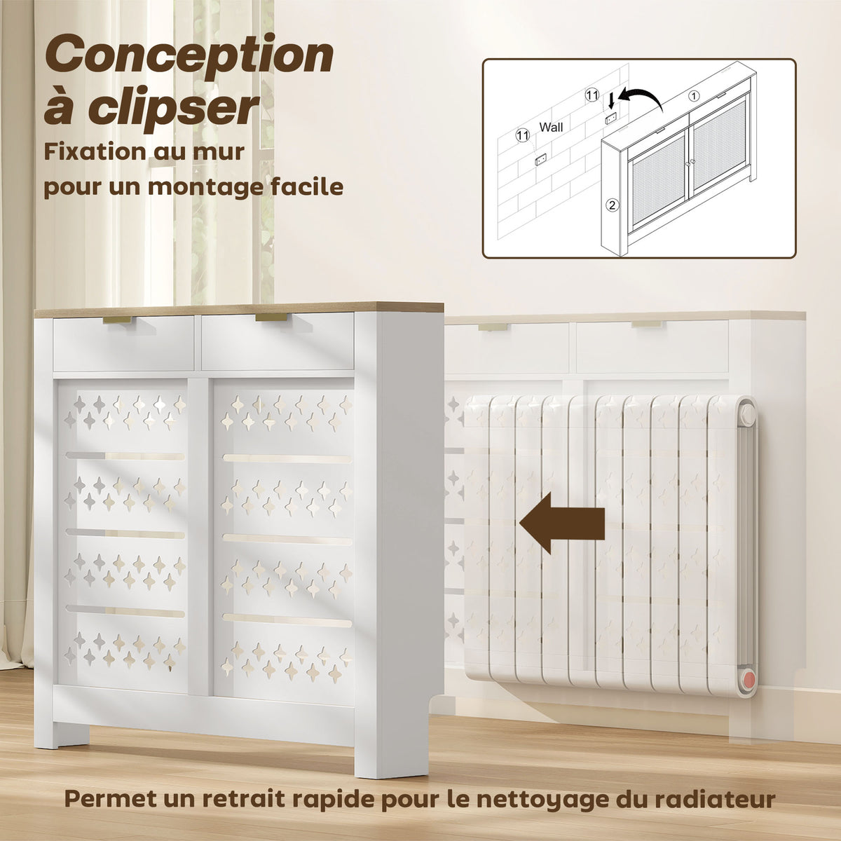 Couvercle de radiateur, cache radiateur avec placard rabattable et étagère supérieur, 108 x 19 x 95,5 cm, blanc