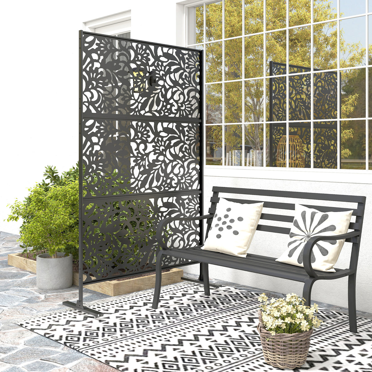 Panneau Brise Vue décoratif Extérieur Claustra Décoratif Jardin 3 Panneaux à motif floral Acier 122 x 45 x 198 cm Noir