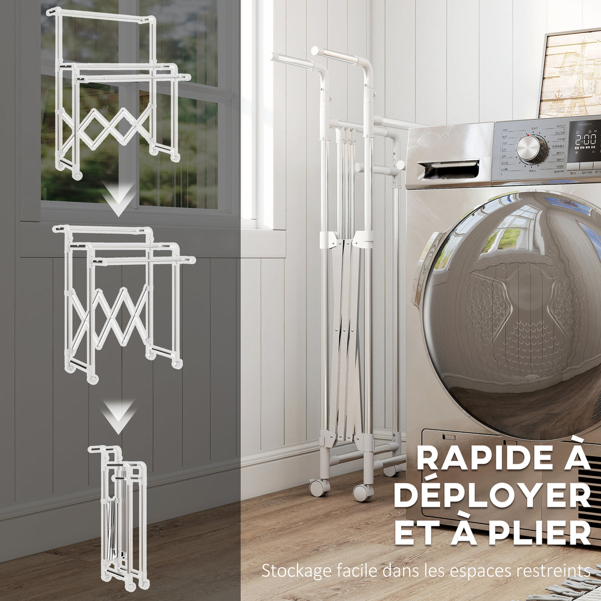 Séchoir à linge pliable étendoir linge intérieur à 3 barres réglables et 4 roulettes 104-150 x 103 x 145-197 cm argent