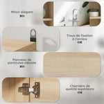 Meuble salle de bain avec miroir, placard à portes et 6 compartiments ouverts, 60 x 14,5 x 49,4 cm, bois naturel