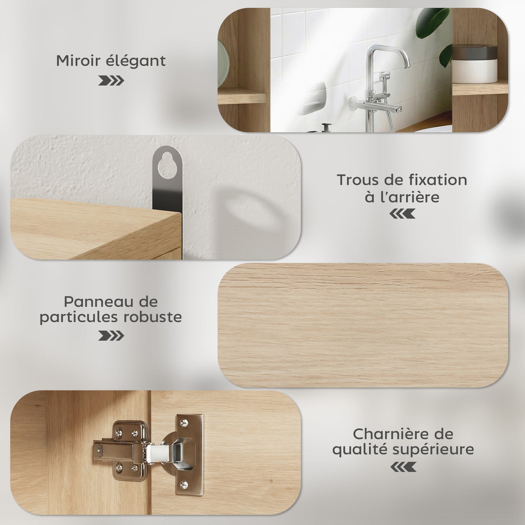 Meuble salle de bain avec miroir, placard à portes et 6 compartiments ouverts, 60 x 14,5 x 49,4 cm, bois naturel