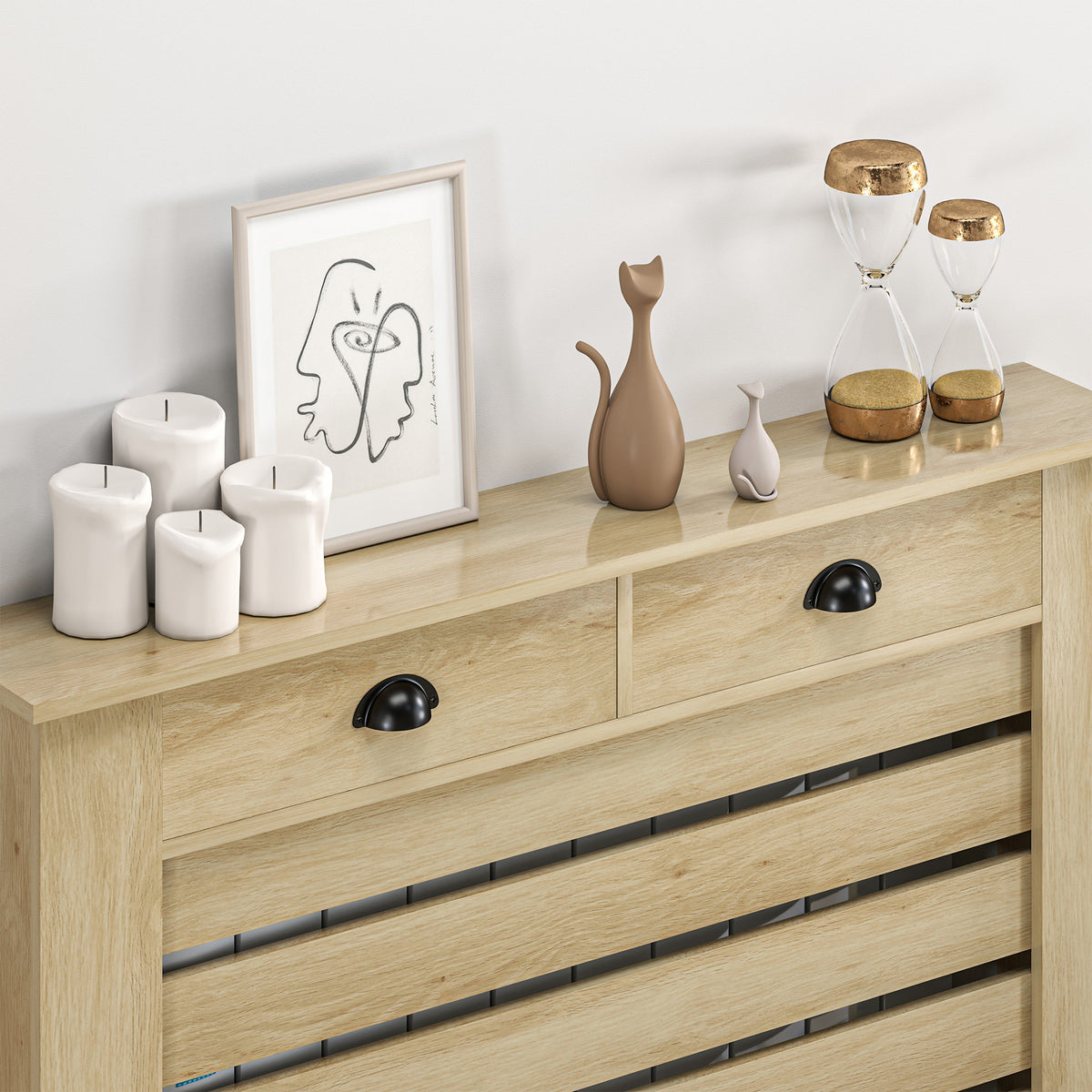 Heizkörperverkleidung mit horizontalen Lamellen und 2 Schubladen aus Holz 111L x 19T x 95,5H cm Eiche