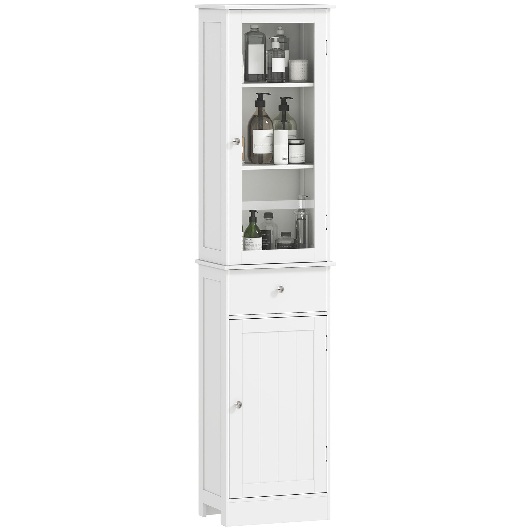 Meuble Colonne de Salle de Bain Placard Porte Acrylique 2 étagères Placard Porte 1 étagère tiroir MDF Blanc