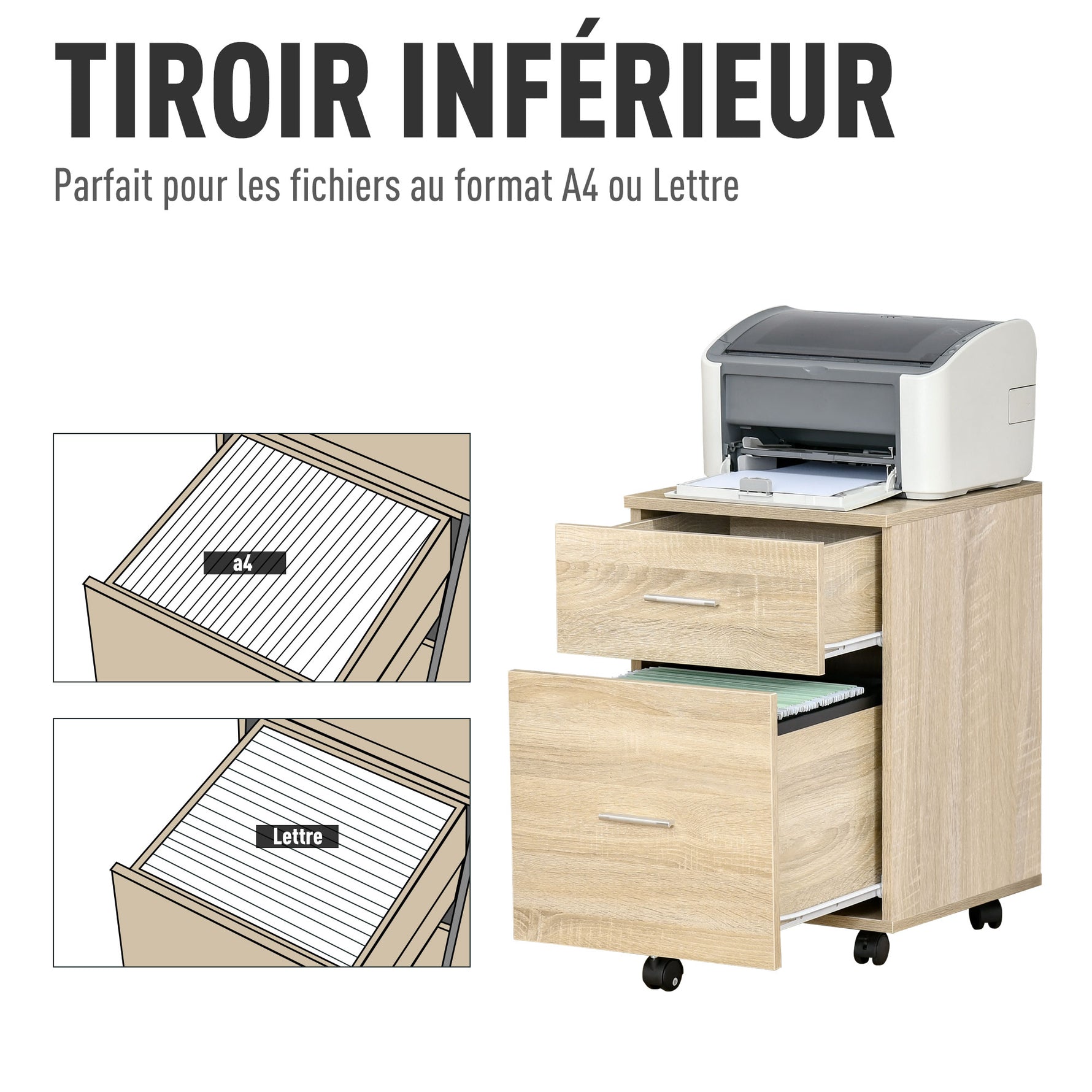 Caisson de bureau caisson de rangement mobile 2 tiroirs 5 roulettes en panneau de particules 39,5 x 39 x 58,5 cm