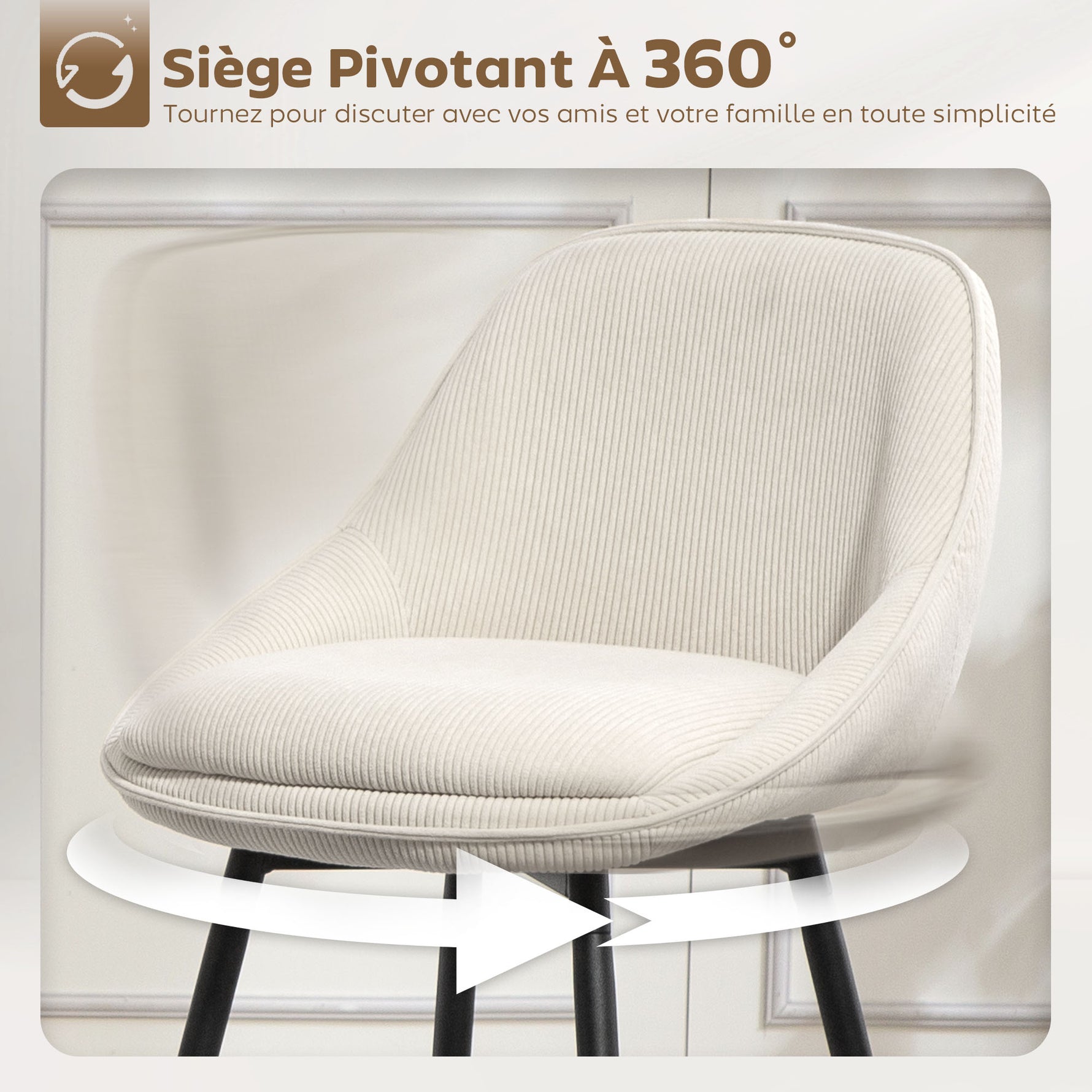Lot de 2 tabourets de bar en tissu velours côtelé, chaises de bar avec dossier courbé, repose-pieds, 49x52x88cm, crème