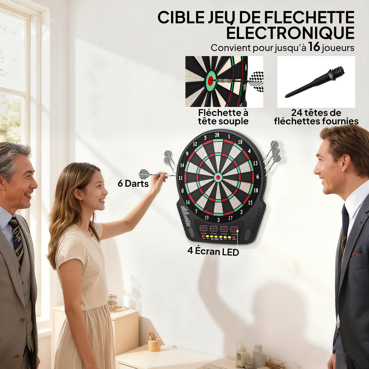 Cible Jeu de flechettes électronique Professionnel 27 jeux 243 variations - Fléchettes pour 1 à 16 joueurs, 6 fléchettes et 24 pointes souples, convient pour les fêtes et les soirées de jeu