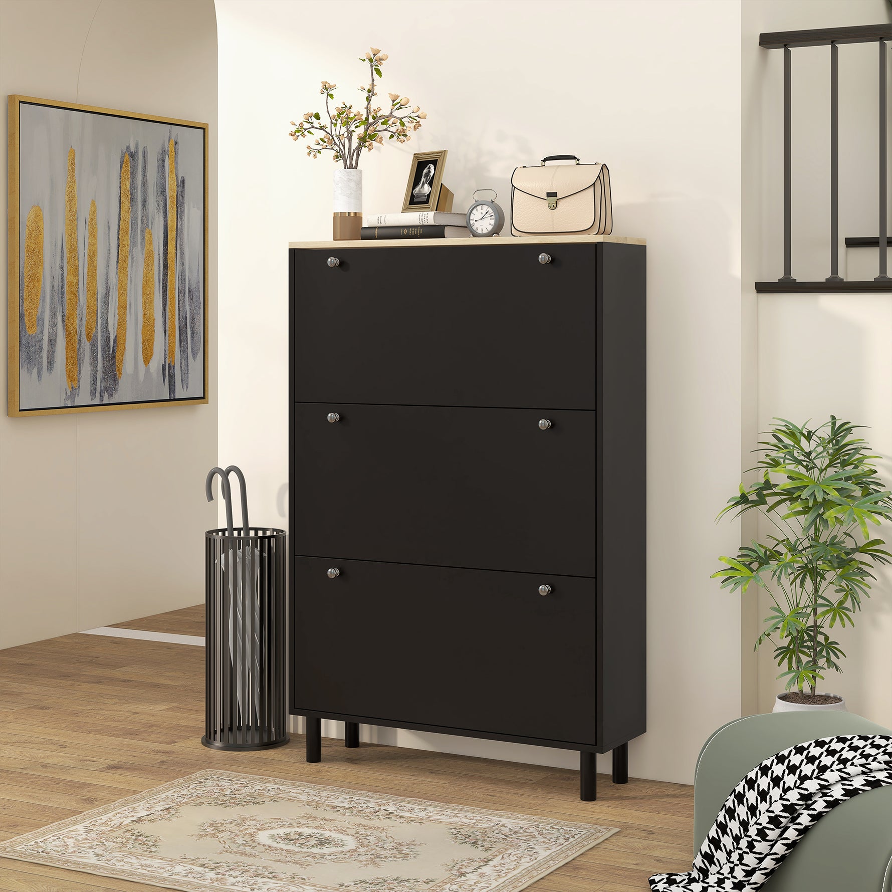 Meuble à Chaussures 24 Paires, Armoire à Chaussures Étroite avec 3 Tiroirs Rabattables, Étagères Réglables, Noir