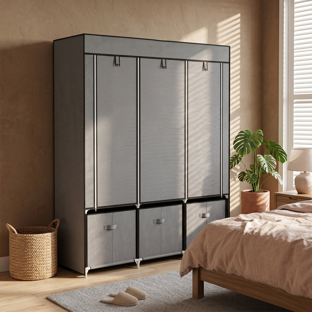 Faltbarer Stoffschrank mit 5 Regalen, 2 Kleiderstangen und 3 Stoffschubladen 125L x 43B x 162,5H cm