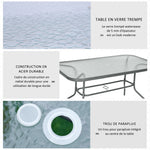 Table de Jardin rectangulaire dim. 140L X 80l x 70H cm métal époxy Gris Plateau Verre trempé