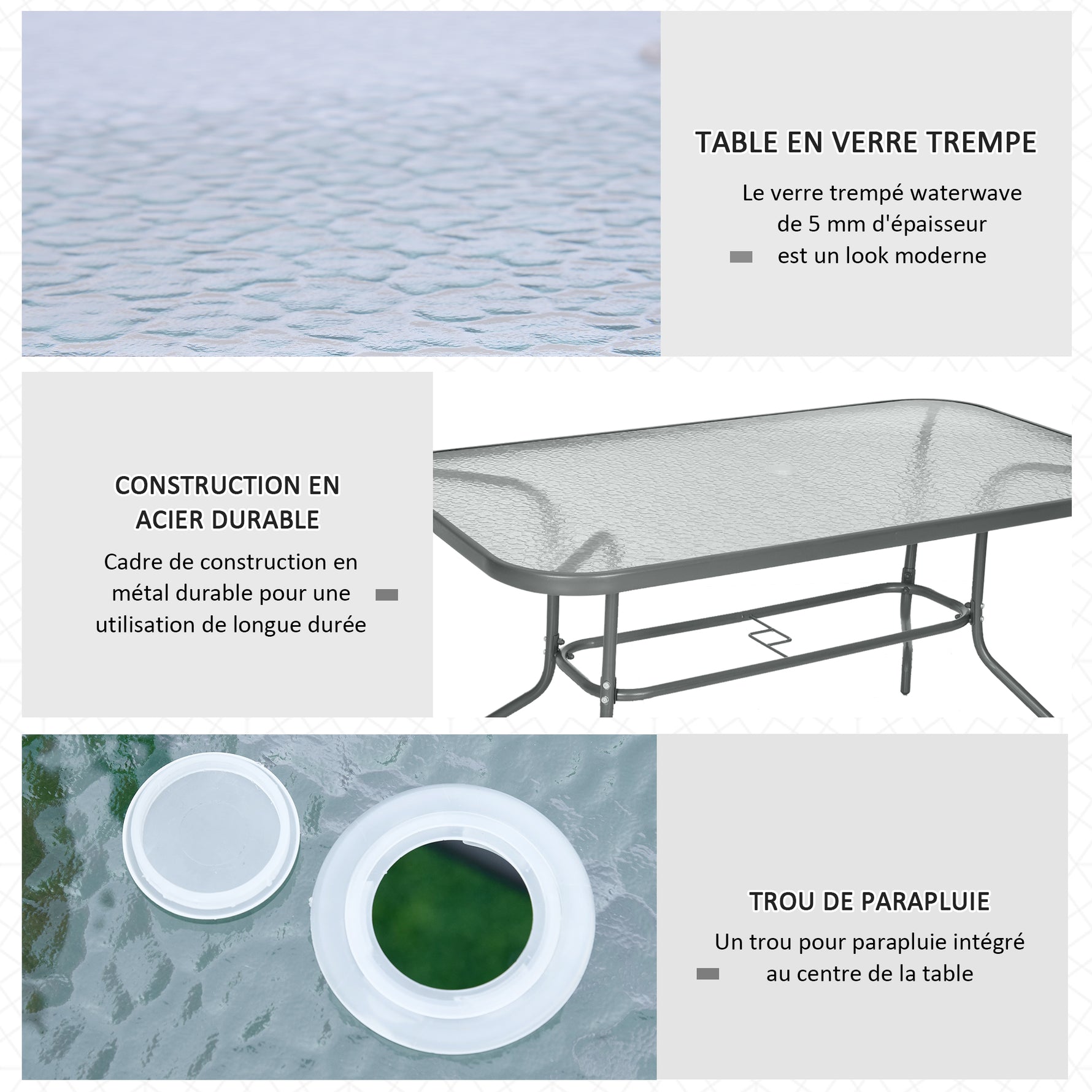 Table de Jardin rectangulaire dim. 140L X 80l x 70H cm métal époxy Gris Plateau Verre trempé