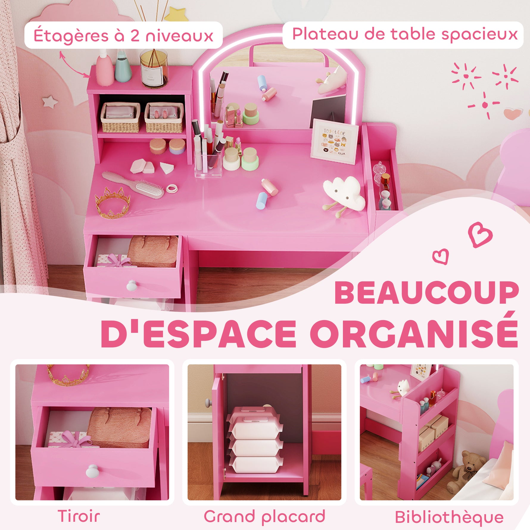 Coiffeuse pour enfants avec tabouret et miroir LED, table de maquillage pour 3 à 8 ans, 88,6 x 38,8 x 96,9 cm, rose