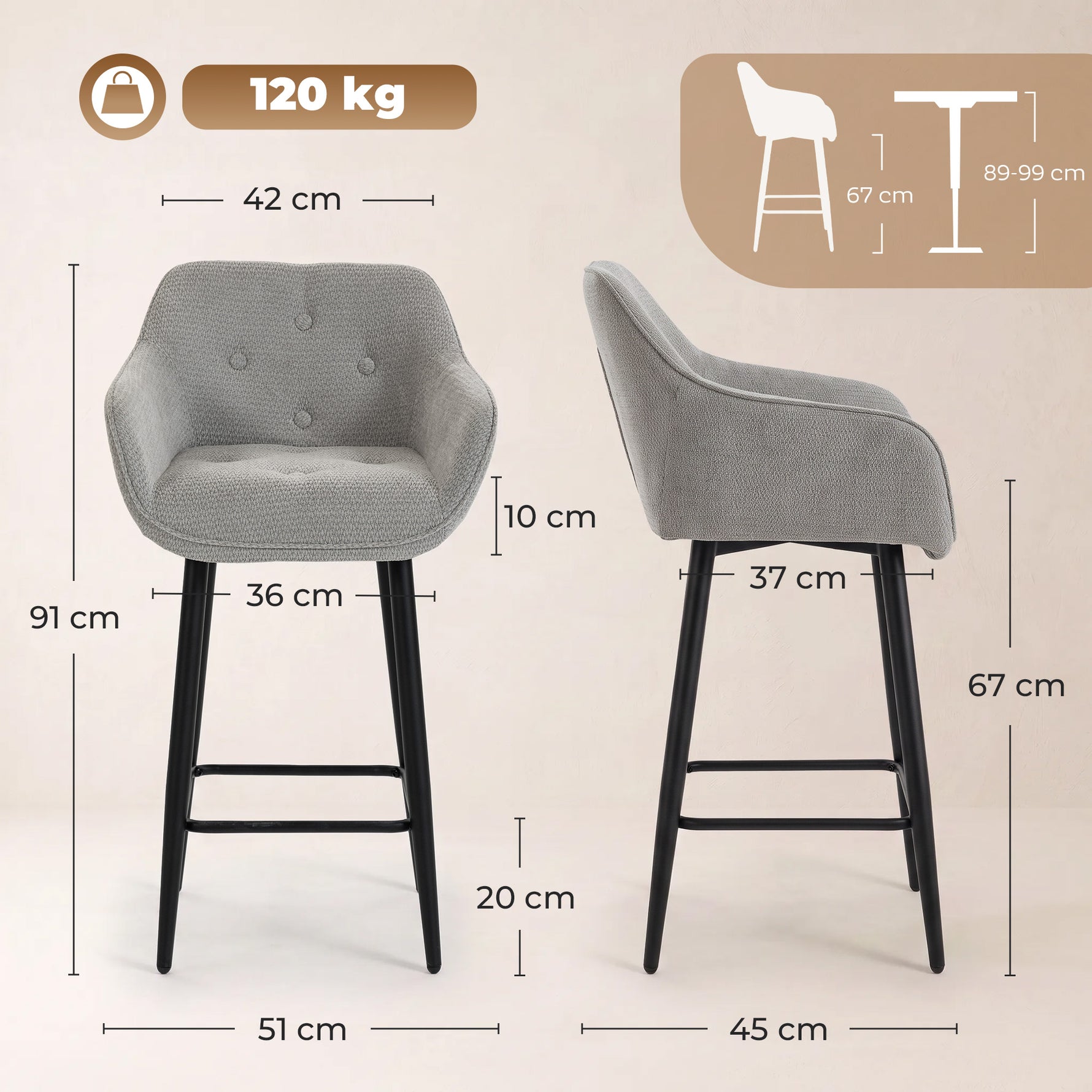 Lot de 2 Tabourets de Bar, Chaises de Bar Rembourrées en Chenille, Assise Large 67H cm, Dossier et Repose-Pieds, Gris