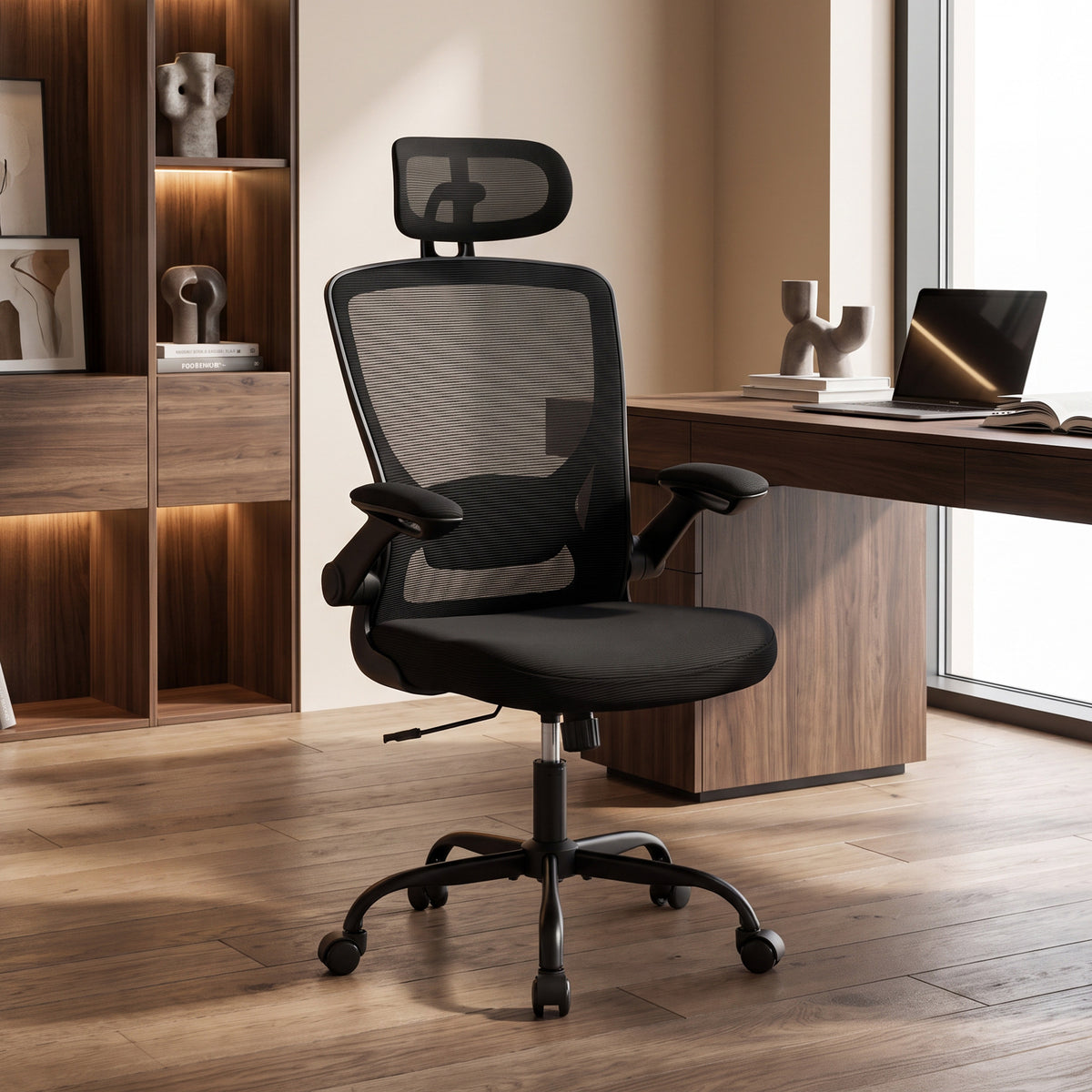 Sedia da ufficio ergonomica, poltrona da ufficio in rete con supporto lombare e poggiatesta regolabili, 64x65x129cm, nero