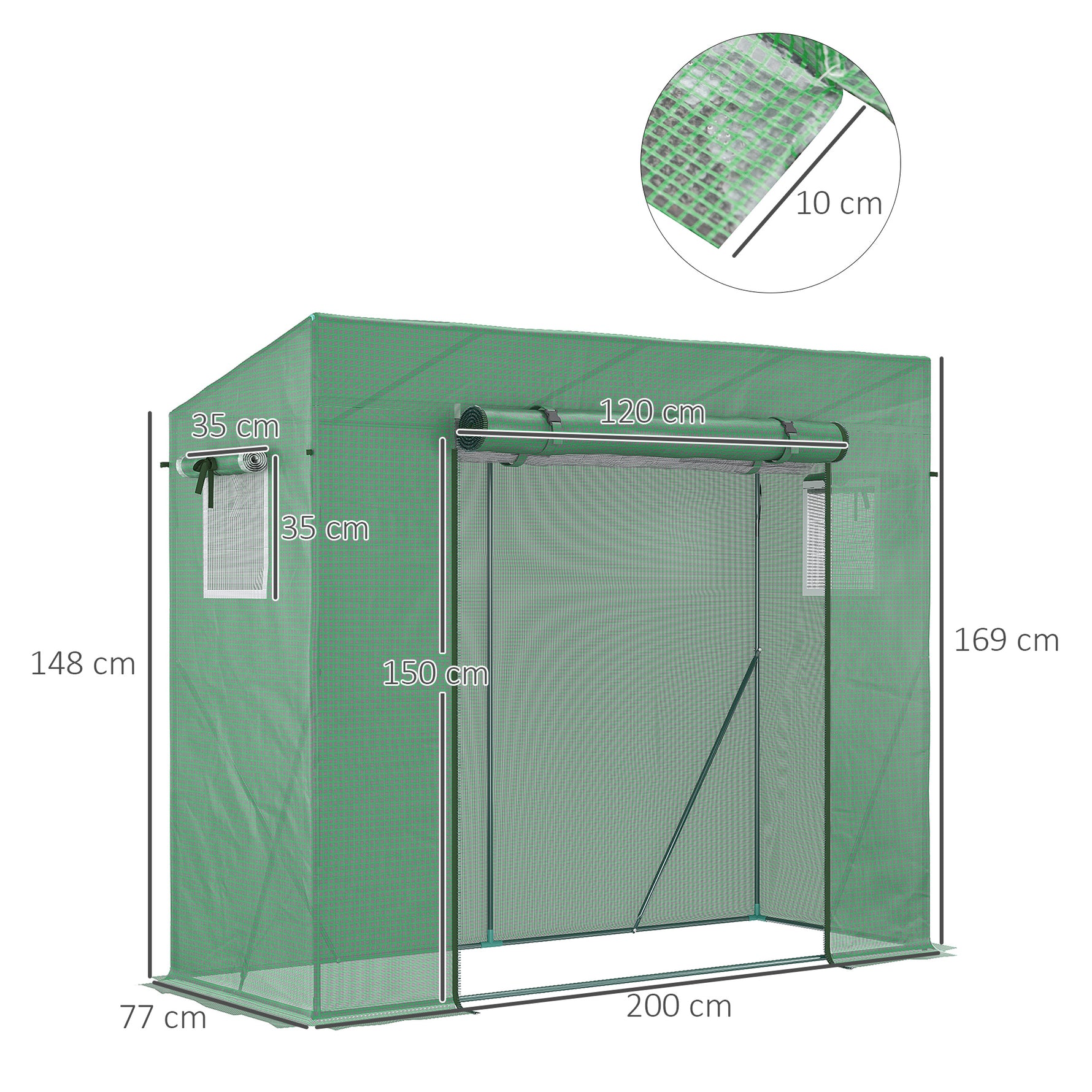 Serre de Jardin Anti-UV 2 fenêtres moustiquaires + Barres renforcement 200L x 77l x 169H cm Acier PE Vert