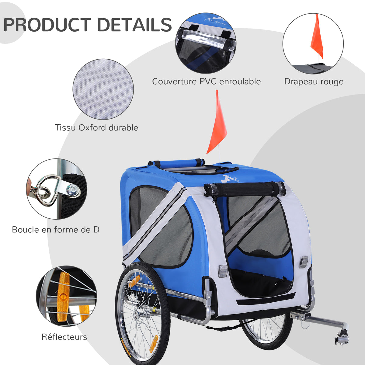Remorque vélo pour chien animaux 8 réflecteurs drapeau barre attelage inclus 130 x 73 x 90 cm blanc et bleu
