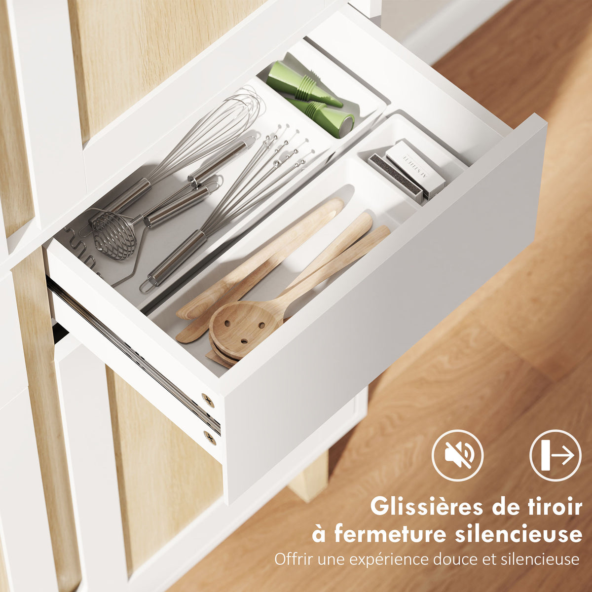Buffet haut cuisine, armoire de cuisine avec 4 portes, 2 tiroirs et étagères réglables, 80x35x170cm, blanc et chêne