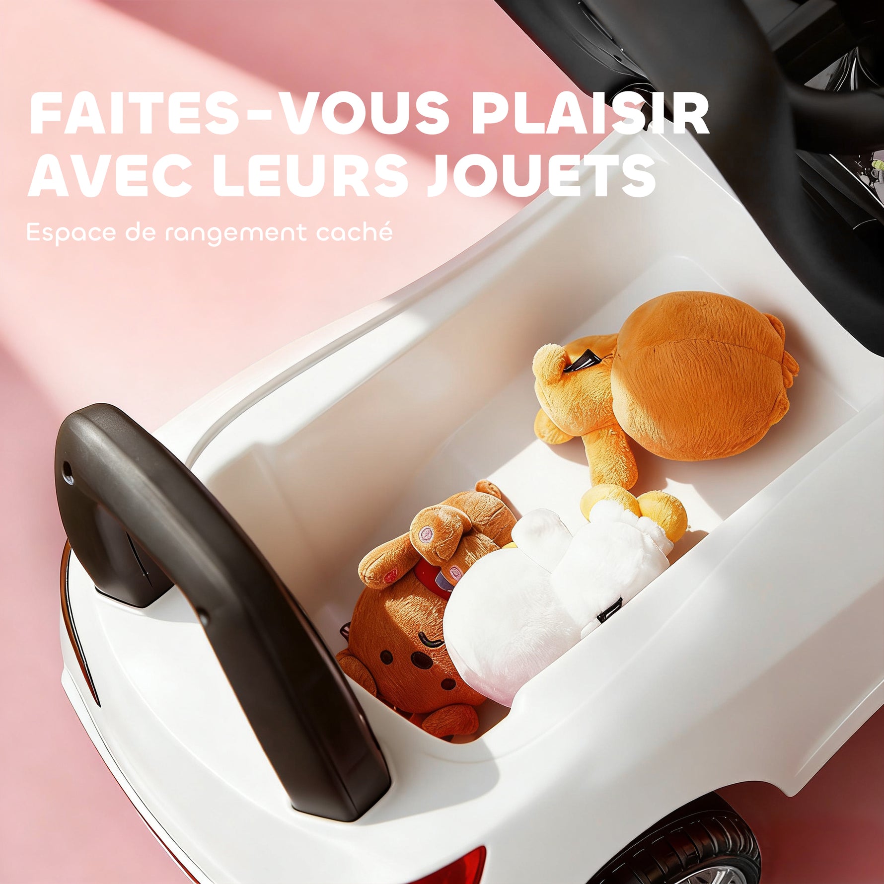 Porteur enfants voiture, véhicule à pousser avec coffre à jouets, klaxon, phares et musique, 63,5 x 28 x 36 cm, blanc