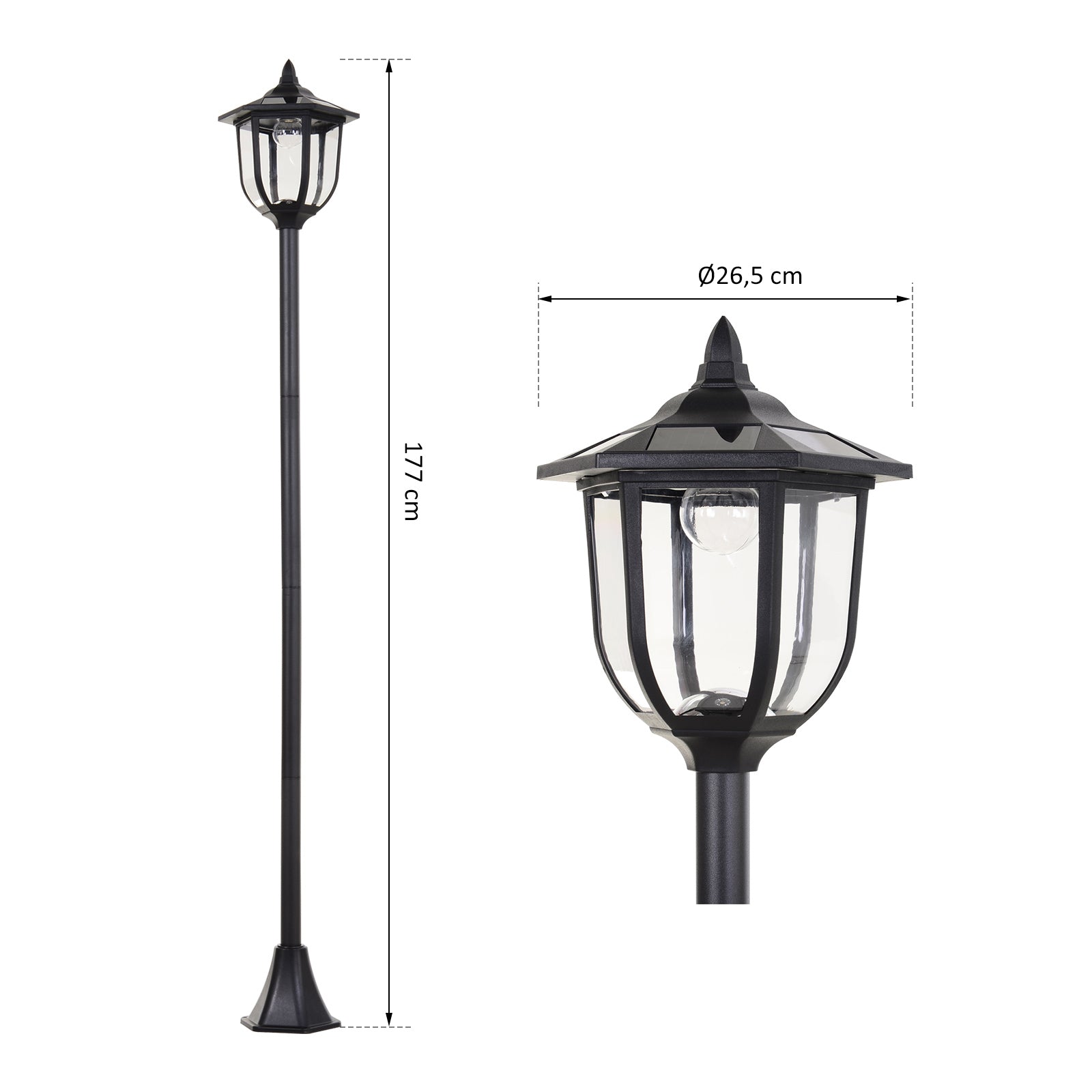 Luminaire extérieur lampadaire sur pied solaire lampadaire lanterne classique LED 60 Lm max. dim. 26L x 26l x 177H cm noir