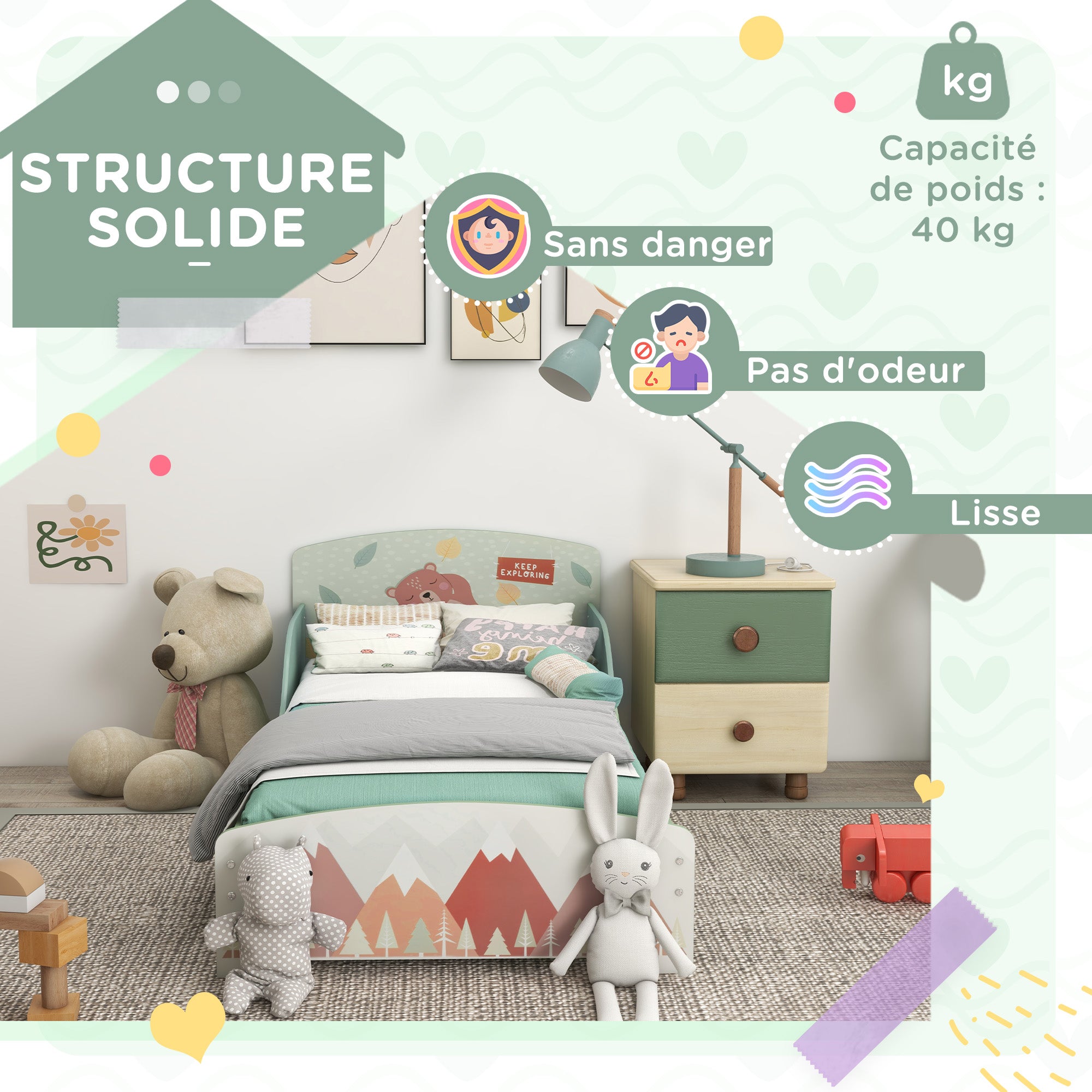 Lit pour enfant 3-6 ans avec barrières de sécurité et motifs dim. 77 x 143 x 60 cm sommier à lattes inclus - Vert