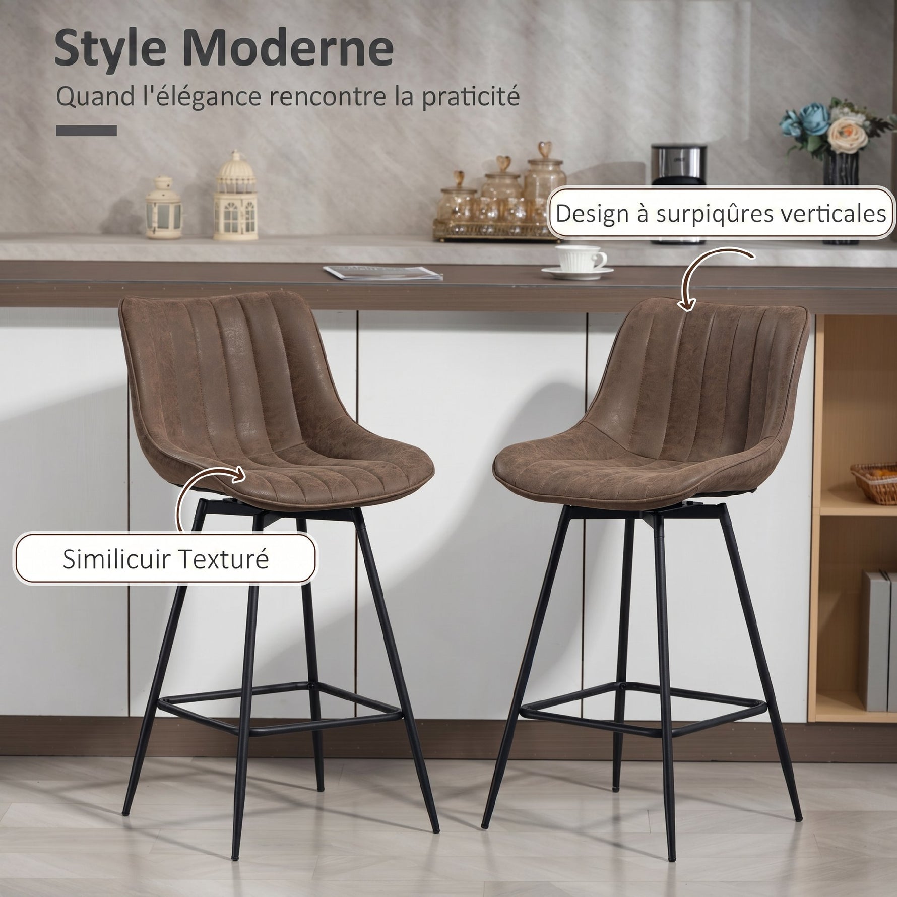 Lot de 2 tabourets de bar, chaises de bar en PU, assise rembourrée 68H cm, dossier et repose-pieds, marron