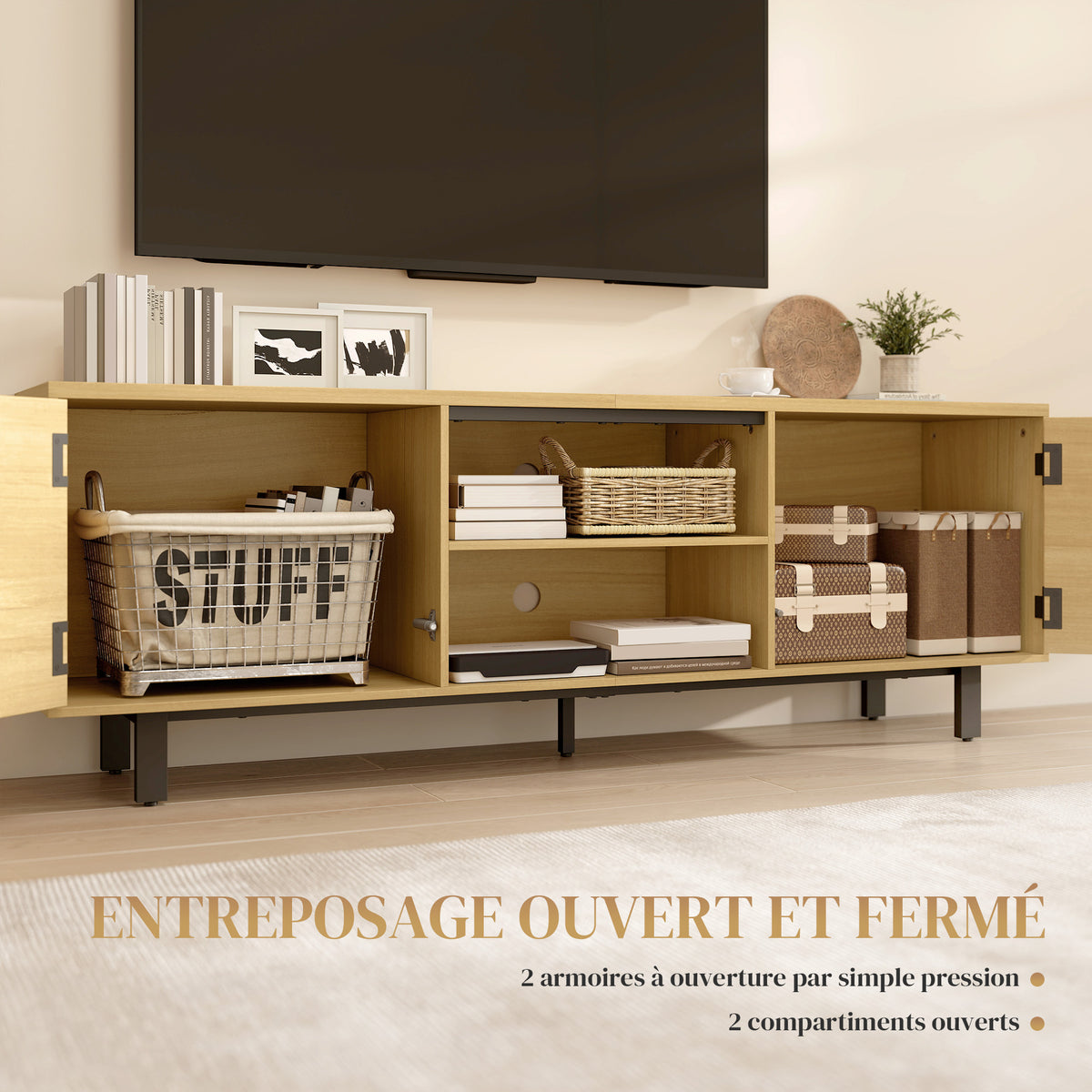 Meuble TV, meuble télé jusqu'à 65 pouces, 2 portes à ouverture par pression et 2 étagères, 160x35x55,5cm, bois naturel