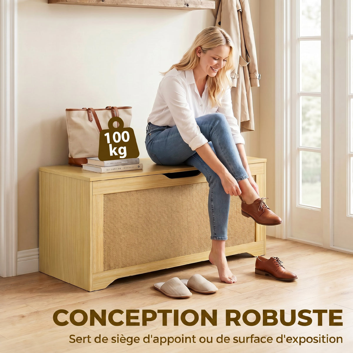 Coffre de Rangement en Rotin 136L, Banc Coffre avec Couvercle Relevable et 2 Charnières de Sécurité, Chêne