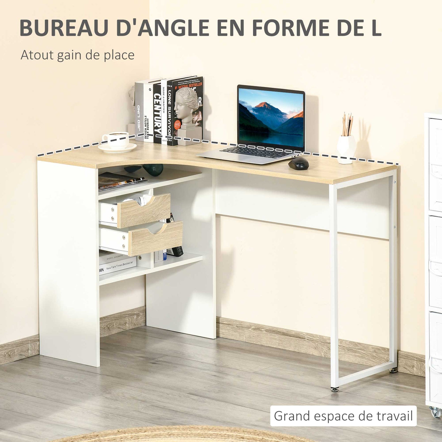 Bureau d'Angle avec 2 Tiroirs, 120 x 60 cm, Bureau en L avec 3 Compartiments Ouverts, Table Informatique pour Étudier, Travailler, Chambre, Maison, Chêne Clair