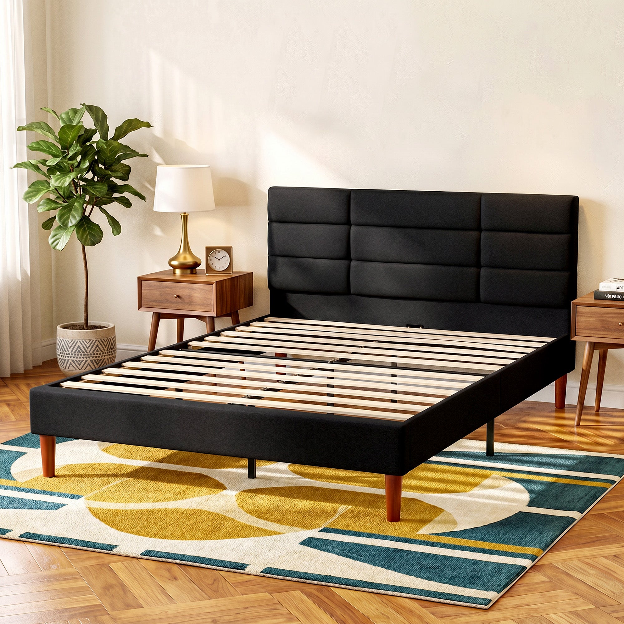 Bettgestell 140 x 200 cm mit Holzlattenrost, gepolstertes Doppelbett in Leinenoptik, Stauraum darunter, geräuschlos, Schwarz