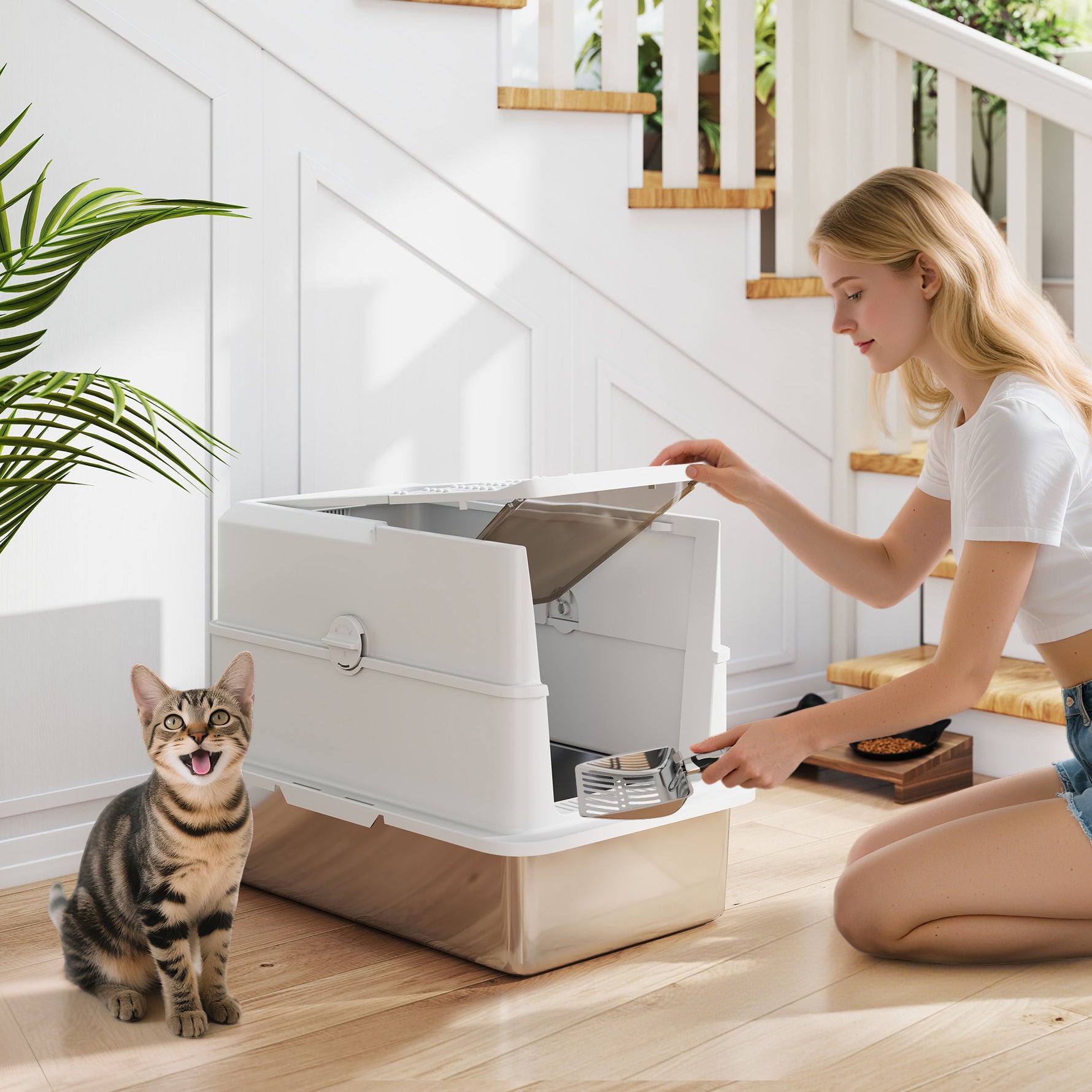 Bac à litière pour chat fermé, maison de toilette pour chat en acier inoxydable, 60,2 x 40,2 x 43,7 cm, gris clair