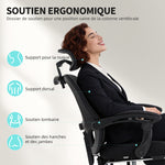 Chaise bureau ergonomique, fauteuil de bureau en maille avec appuie-tête réglable, support lombaire, 64x64x124cm, noir