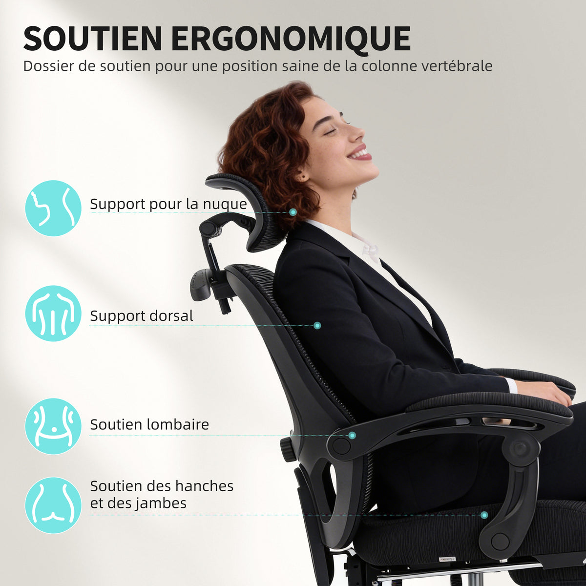 Chaise bureau ergonomique, fauteuil de bureau en maille avec appuie-tête réglable, support lombaire, 64x64x124cm, noir