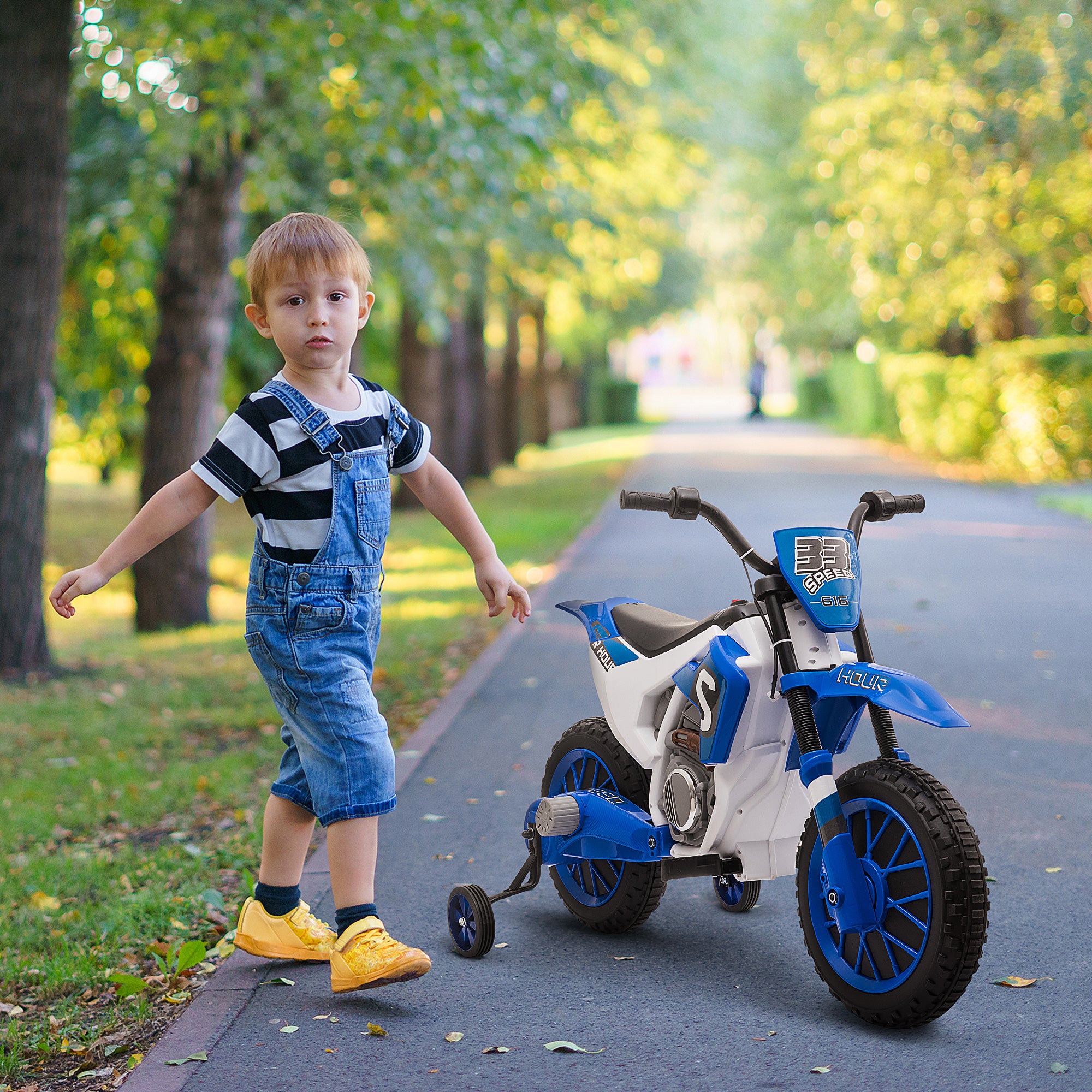Moto Cross électrique Enfant 3 à 5 Ans 12 V 3-8 Km/h avec roulettes latérales Amovibles dim. 106,5L x 51,5l x 68H cm Bleu