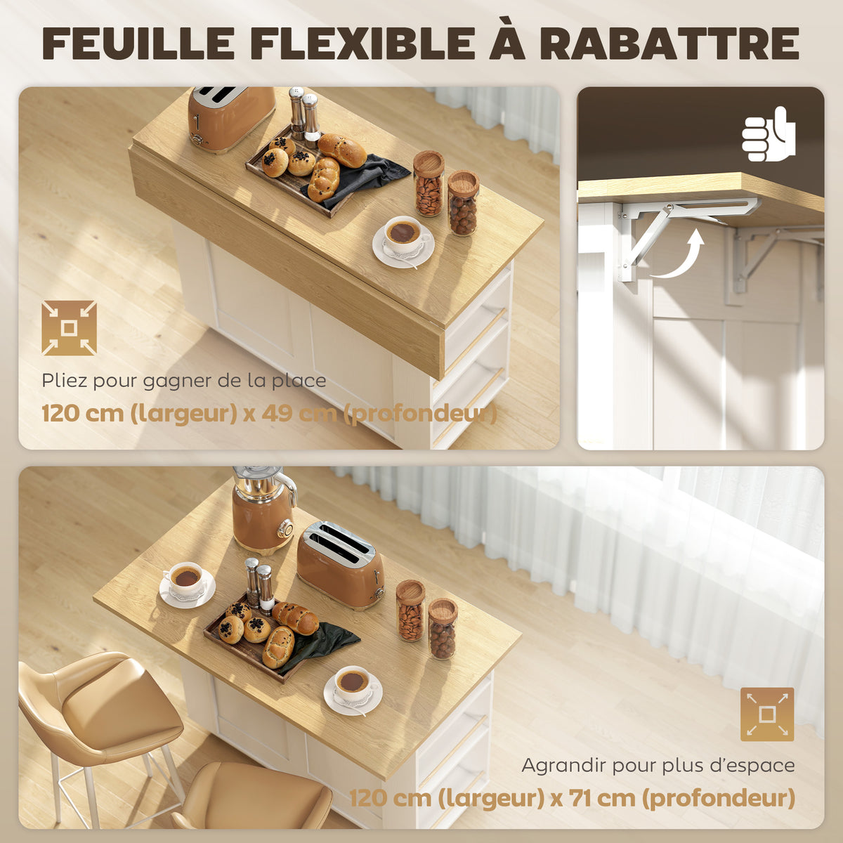 Îlot de Cuisine avec Station de Charge, Chariot de Cuisine à Roulettes avec Plan de Travail Rabattable, 2 Tiroirs, Blanc