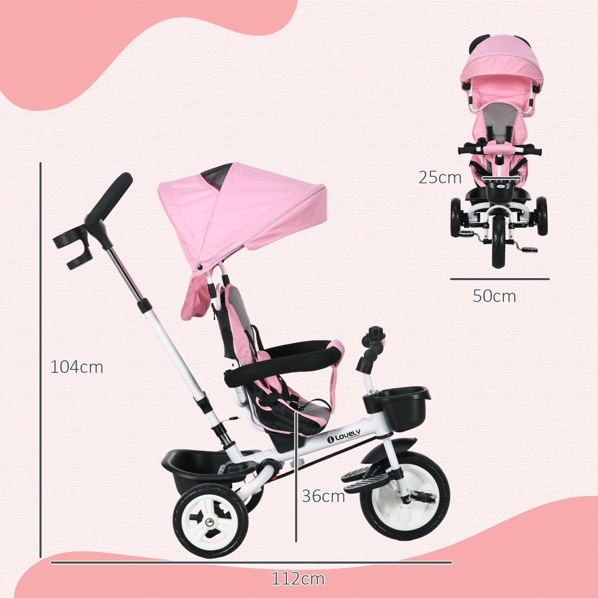 6-in-1 mitwachsendes Baby-Dreirad, faltbares Kinder-Dreirad, Schiebestange, umkehrbarer Sitz, 112x50x104cm, Pink