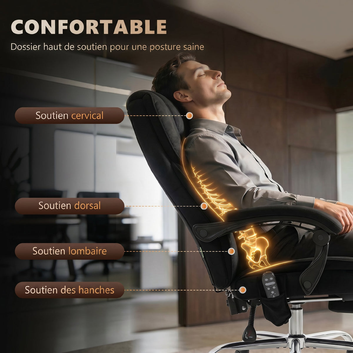 Massage and heating office chair, adjustable height, reclining backrest, remote control, retractable footrest, black
