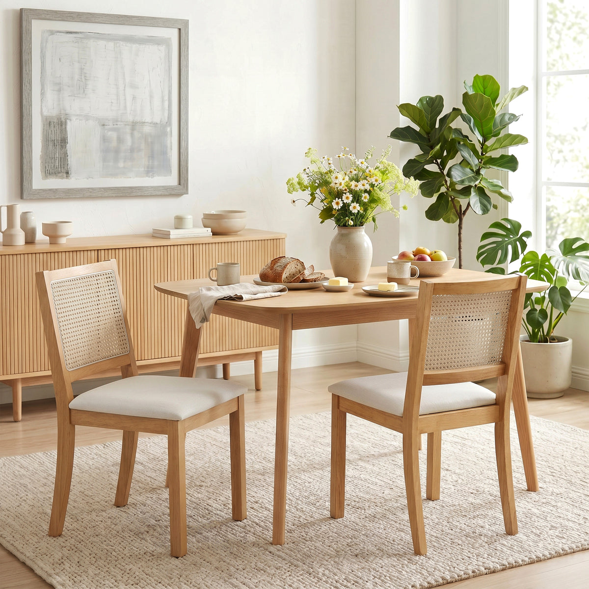 Lot de 2 chaises de salle à manger, chaises de cuisine avec assise rembourrée, dossier effet rotin, crème et chêne